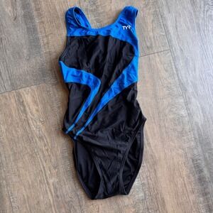 TYR Alliance T Splice Maxfit One Piece Swimsuit Size 30 S Black Blue Racerback